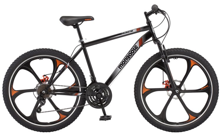 Mongoose Mack Mag Wheel Mountain Bike, 26\" Wheels, 21 Speeds Shimano Revo Twist Shifters, Men\'s Frame, Orange & White On Black