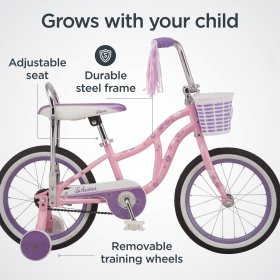 Schwinn Bloom kids bike, 16-inch wheel, training wheels, girls, pink, banana seat