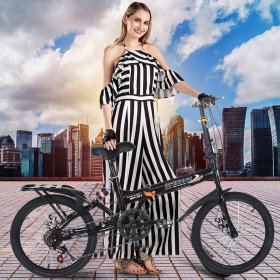 EINCCM Women's Folding Bikes 20in 7 Speed ??City Mini Bike Urban Commuters Aluminum Black