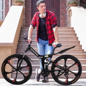 BEFOKA 26" Men's Mountain Bike 21-Speed Folding Full Suspension Bicycle MTB Bikes Lightweight Aluminum Road Bike (Black)